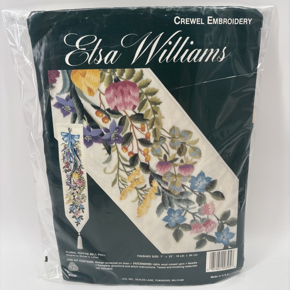 Elsa Williams Crewel Embroidery‎ FLORAL FESTIVE BELL PULL Linen Wool Yarn 7"x33"